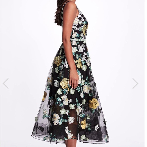 Current season NWT Marchesa Black Tulle Embroidered Floral Tea Length Gown. - Picture 2 of 13